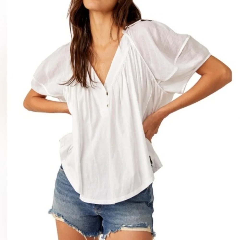 NWT We the Free People Boho Sunray Babydoll White V-Neck Short Sleeve Womens Top